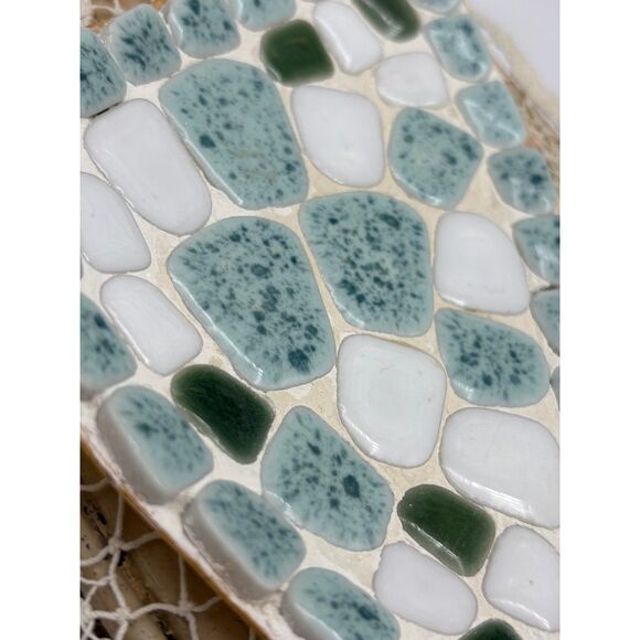 Vintage MCM Brass and Mosaic Tile Trinket Dish Blue White - Picture 2 of 6